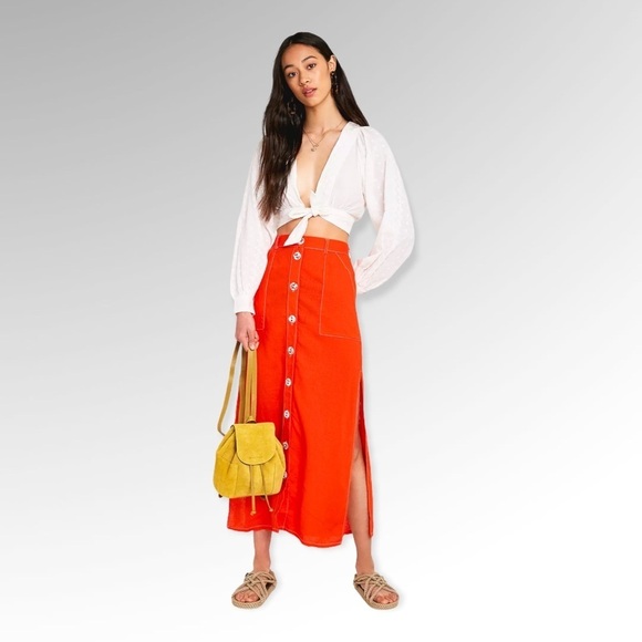 Urban Outfitters Lindsey Slit Button Utility Midi Linen Blend Skirt, Orange, M - Picture 9 of 9